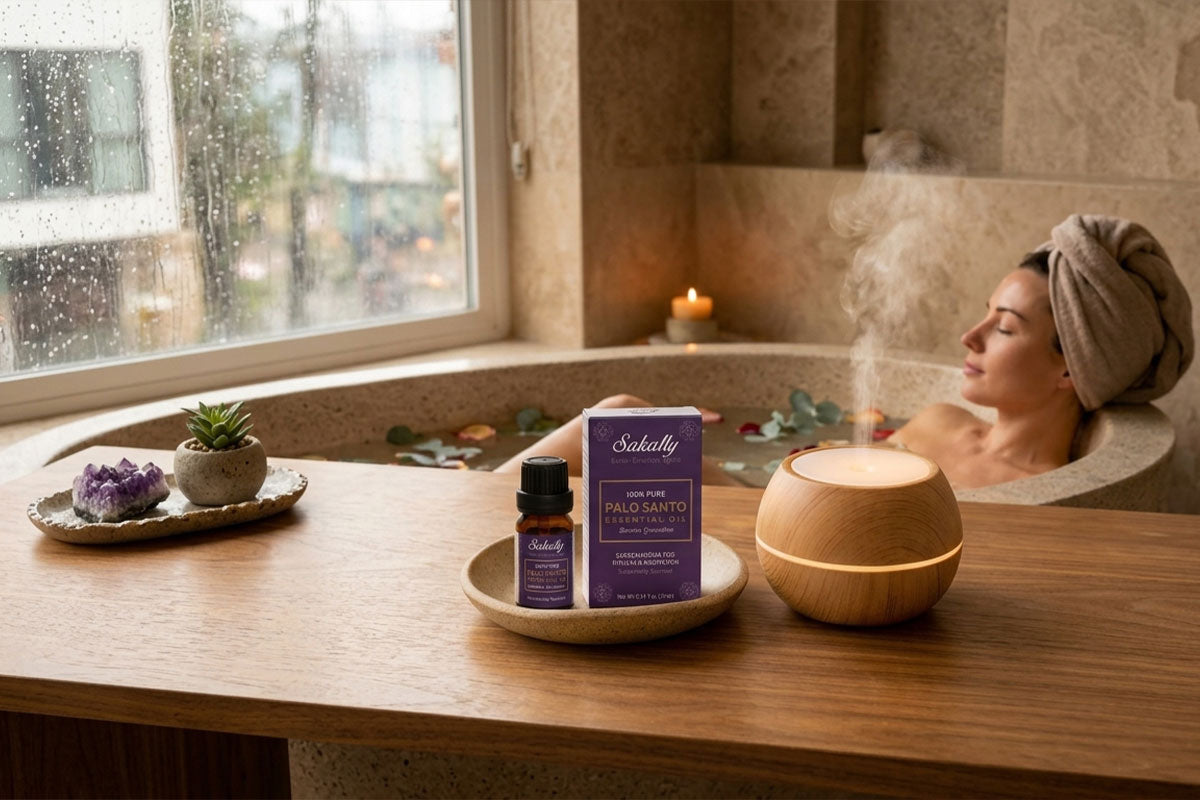 A woman relaxes in a steam-filled bathtub with a towel wrapped around her head. In the foreground, a wooden counter holds a small purple box and bottle labeled Scalpily, alongside a glowing wooden diffuser and spa decor by the window.