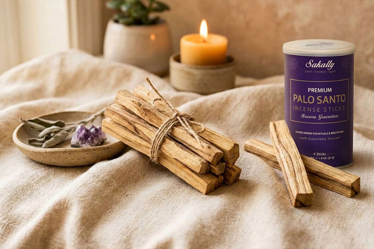 Sakally Palo Santo sticks on ceramic dish over soft fabric, natural incense wood for meditation, cleansing rituals, energy balance and relaxation