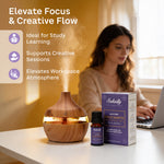 Sakally palo santo essential oil bottle and box beside a wood-grain diffuser, with a woman using a laptop and text promoting focus and creativity