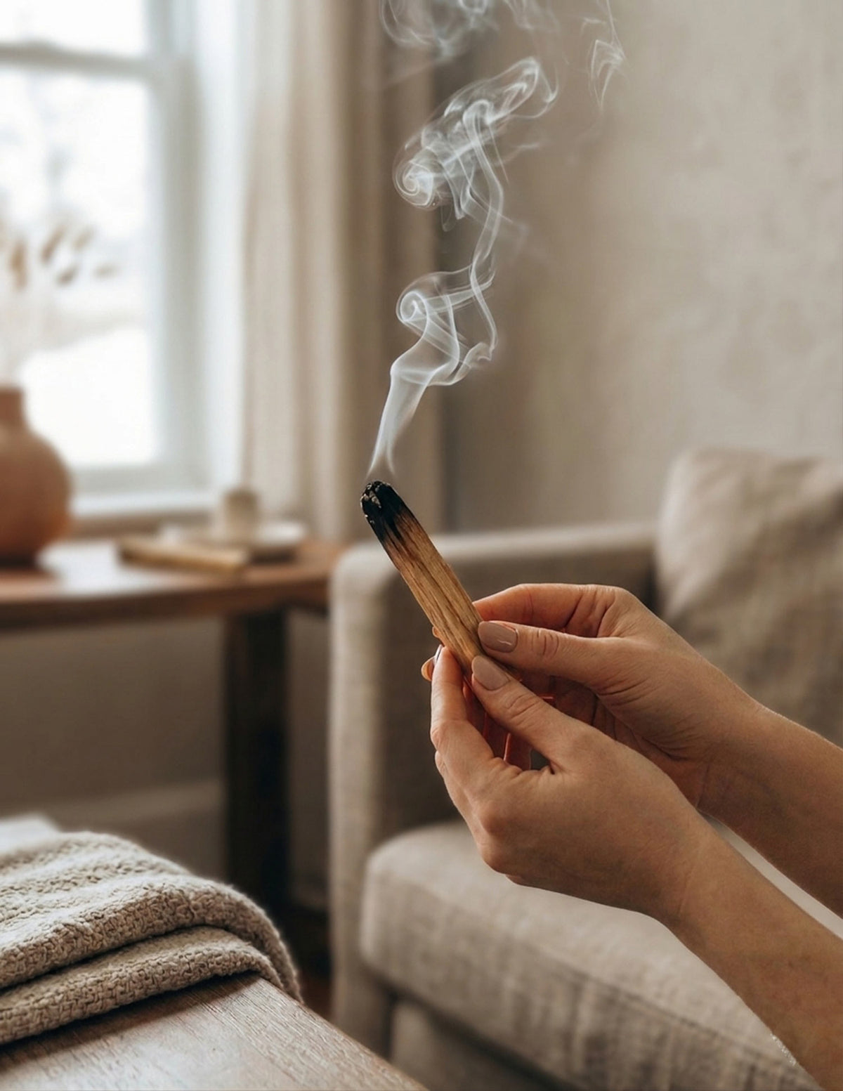 Hands holding a smoldering palo santo stick from Sakally with smoke curling upward in a softly lit living room beside a window