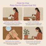 Illustrated palo santo essential oil guide: add 3–5 drops to diffuser water, dilute with carrier oil and patch test before skin use, freshen your space, and store in a cool, dry place