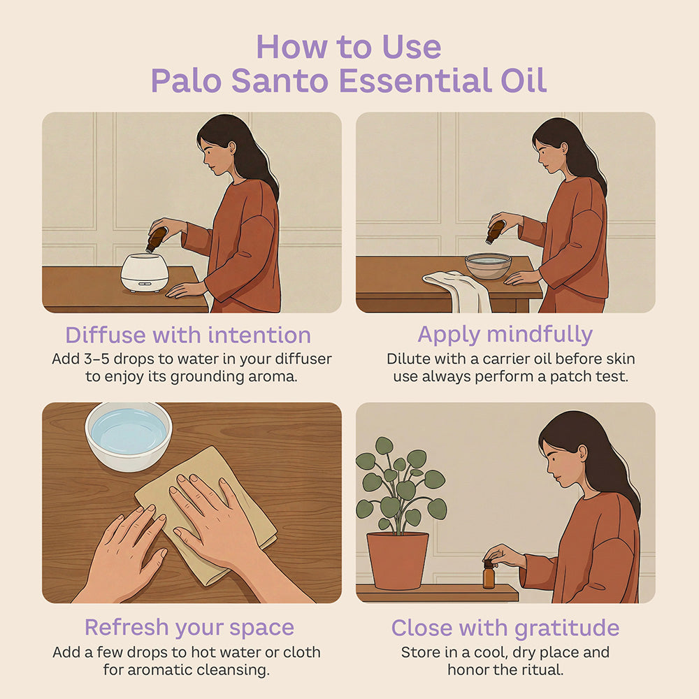 Illustrated palo santo essential oil guide: add 3–5 drops to diffuser water, dilute with carrier oil and patch test before skin use, freshen your space, and store in a cool, dry place