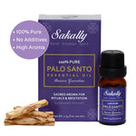 Sakally palo santo essential oil, 10 ml amber bottle with purple box and palo santo wood sticks on a white background. Badge reads “100% Pure, No Additives, High Aroma”
