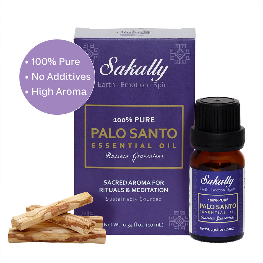 Sakally palo santo essential oil, 10 ml amber bottle with purple box and palo santo wood sticks on a white background. Badge reads “100% Pure, No Additives, High Aroma”