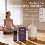 Sakally palo santo essential oil bottle and box beside a white diffuser, with a woman meditating behind them and text highlighting aromatherapy, a woody citrus aroma, and smoke-free use