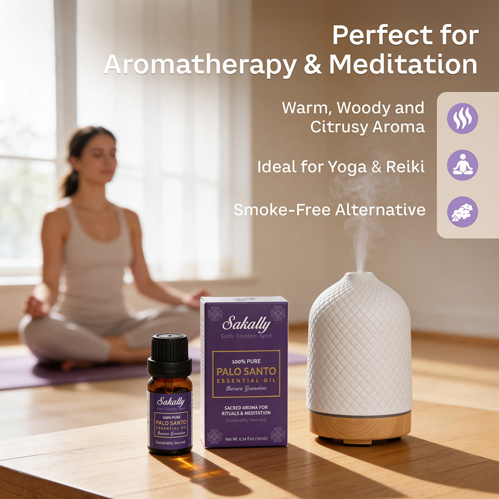 Sakally palo santo essential oil bottle and box beside a white diffuser, with a woman meditating behind them and text highlighting aromatherapy, a woody citrus aroma, and smoke-free use