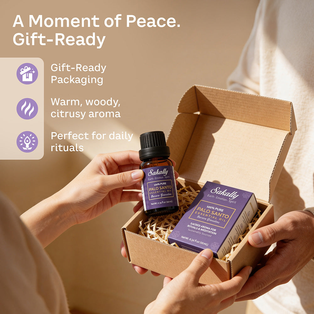 Sakally palo santo essential oil in an open gift box with an amber bottle, purple packaging, and shredded paper filling