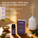 Sakally palo santo essential oil bottle and box beside a white diffuser, with text highlighting steam distillation, naturally fallen wood, and ethical sourcing