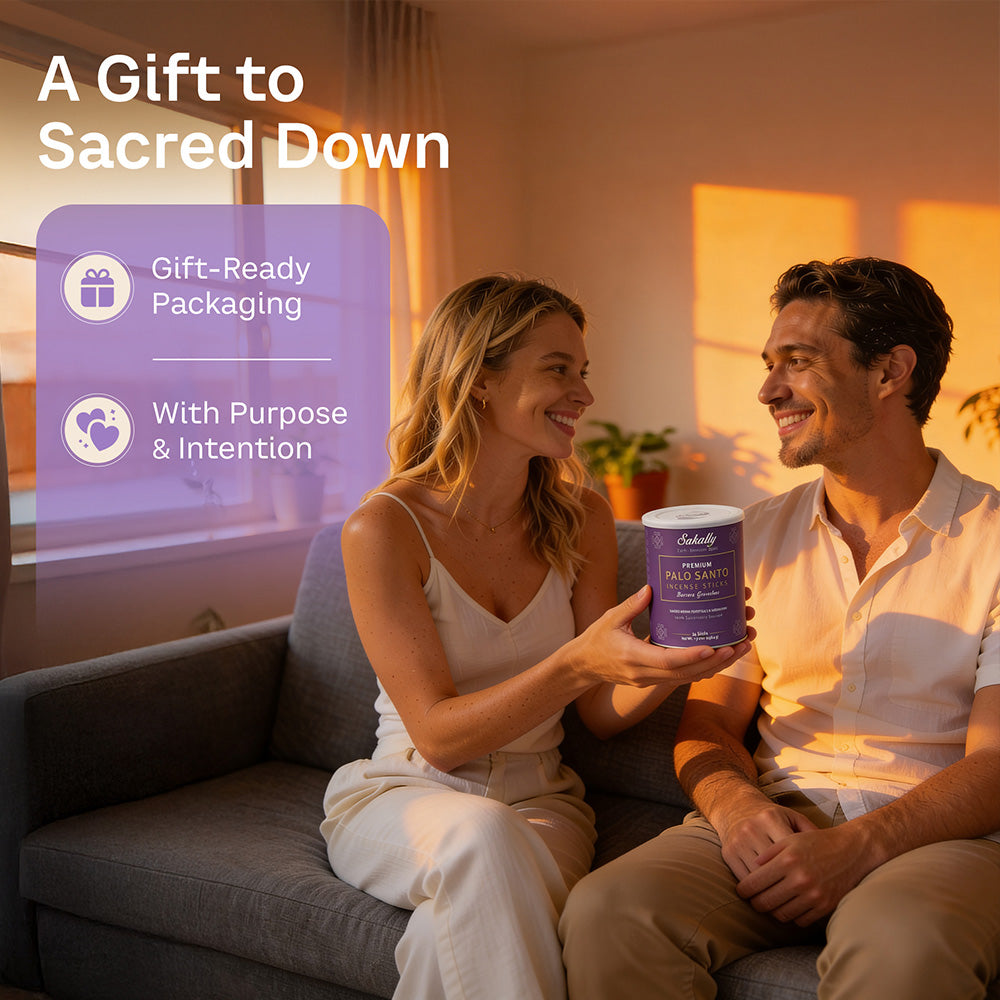 Woman holding a purple Sakally palo santo incense canister beside a smiling man on a sofa, with text highlighting gift-ready packaging and thoughtful gifting
