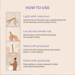 Illustrated guide to lighting a palo santo stick, blowing out the flame, moving it around a space, and placing it in a heat-resistant holder until extinguished