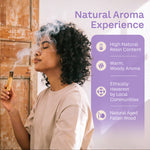 Woman holding a smoking palo santo stick, with text highlighting natural resin content, a warm woody aroma, ethical harvesting by local communities, and naturally aged fallen wood.