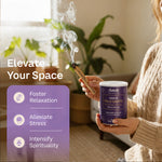 Person holding a smoking palo santo stick and a purple Sakally canister, with text promoting relaxation, stress relief, and spirituality
