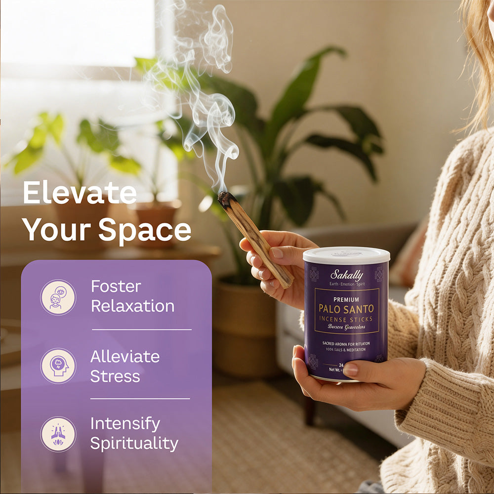 Person holding a smoking palo santo stick and a purple Sakally canister, with text promoting relaxation, stress relief, and spirituality