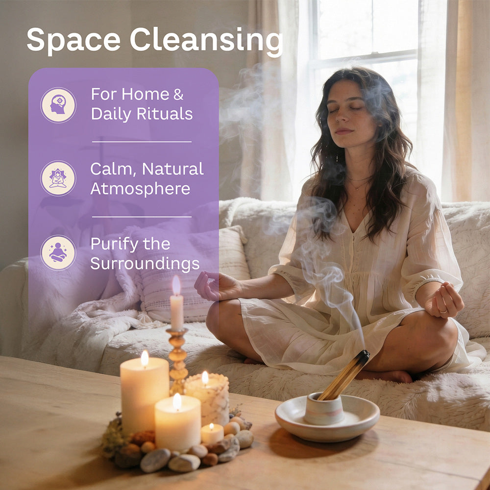 Woman meditating on a sofa with candles and a smoking palo santo stick in a ceramic holder, with text promoting space cleansing, daily rituals, and a calm atmosphere