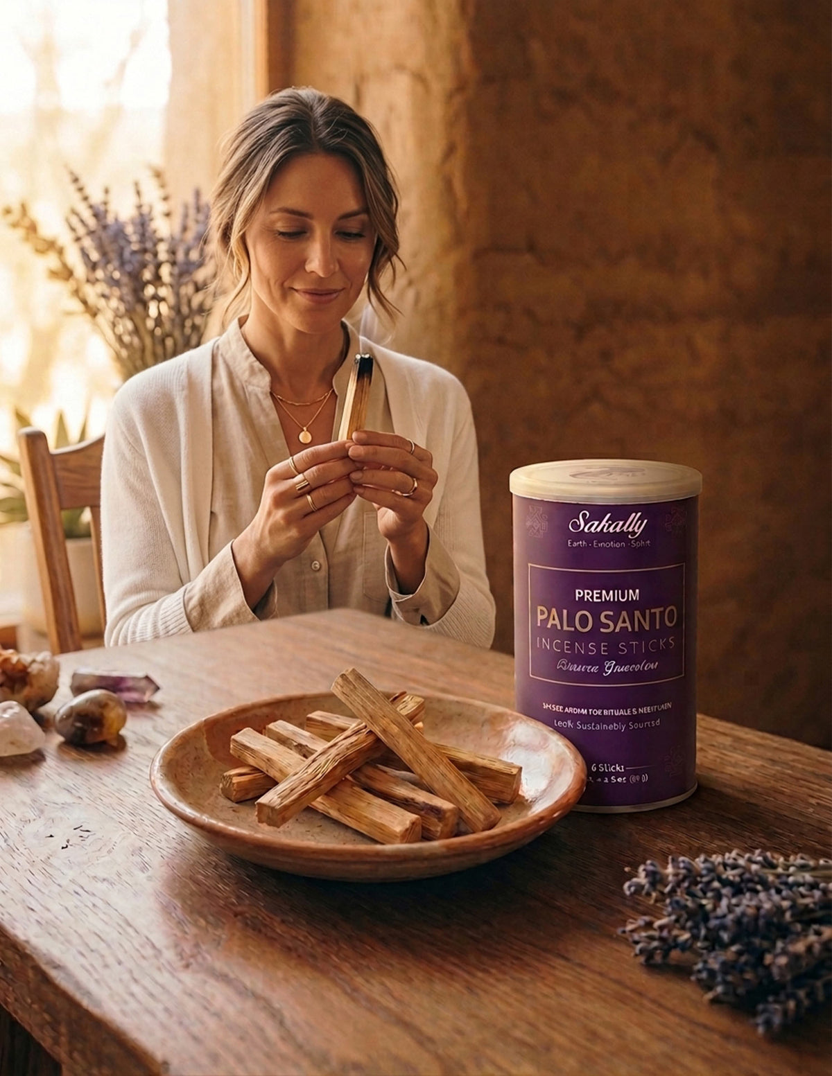 Woman holding a palo santo stick at a wooden table beside a purple Sakally tube, a plate of wood sticks, crystals, and dried lavender