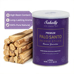 Purple Sakally tube labeled 12 palo santo incense sticks beside stacked wood sticks, with a badge highlighting high resin content, long-lasting aroma, and 100% natural wood