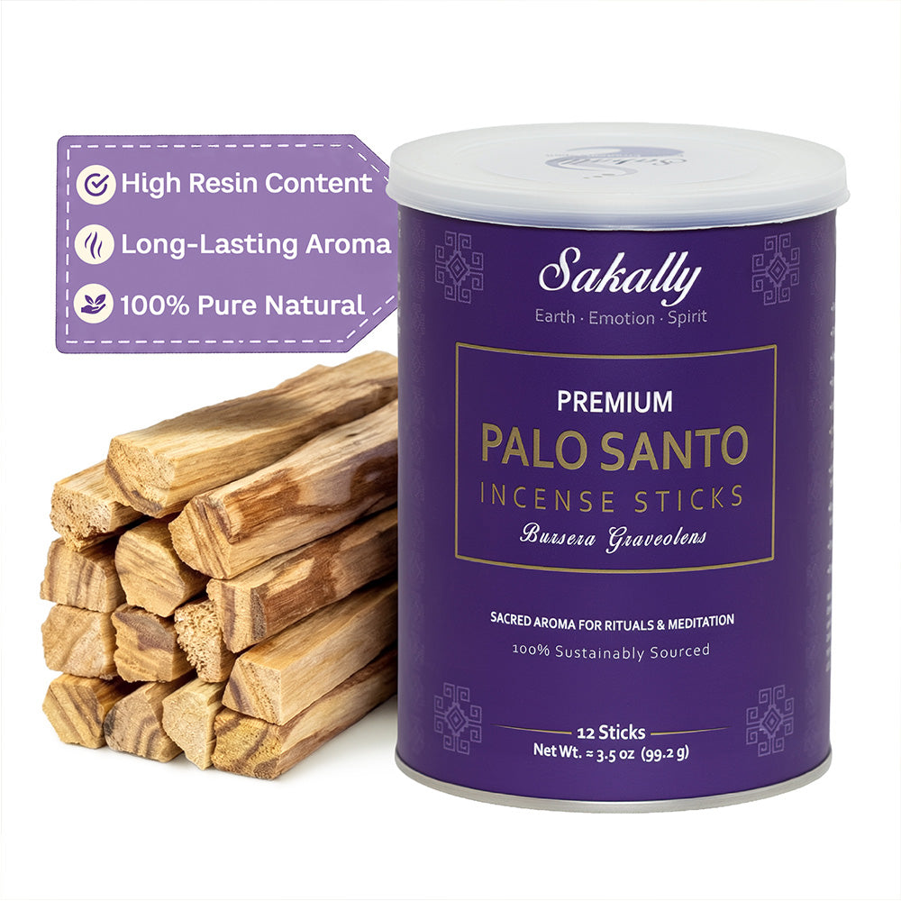 Purple Sakally tube labeled 12 palo santo incense sticks beside stacked wood sticks, with a badge highlighting high resin content, long-lasting aroma, and 100% natural wood
