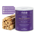 Purple Sakally tube labeled 24 palo santo incense sticks beside stacked wood sticks, with a badge highlighting high resin content, long-lasting aroma, and 100% natural wood