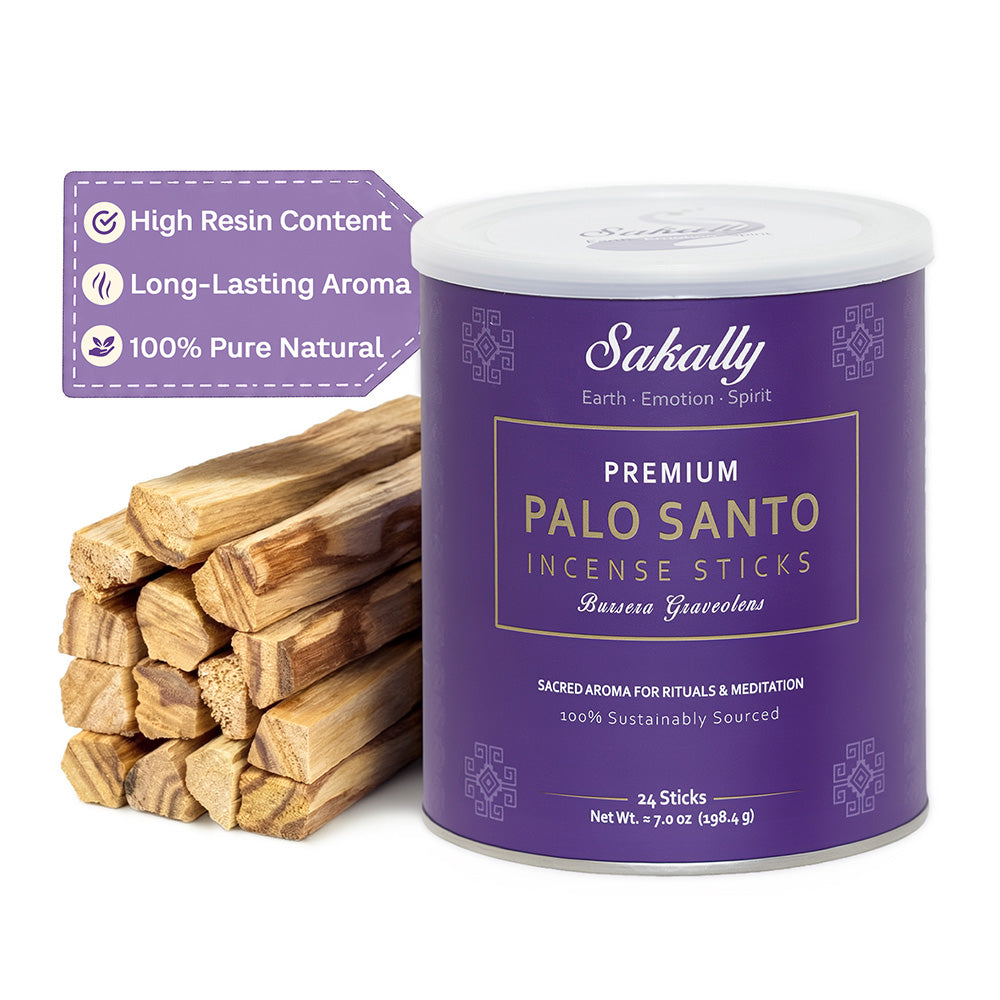 Purple Sakally tube labeled 24 palo santo incense sticks beside stacked wood sticks, with a badge highlighting high resin content, long-lasting aroma, and 100% natural wood