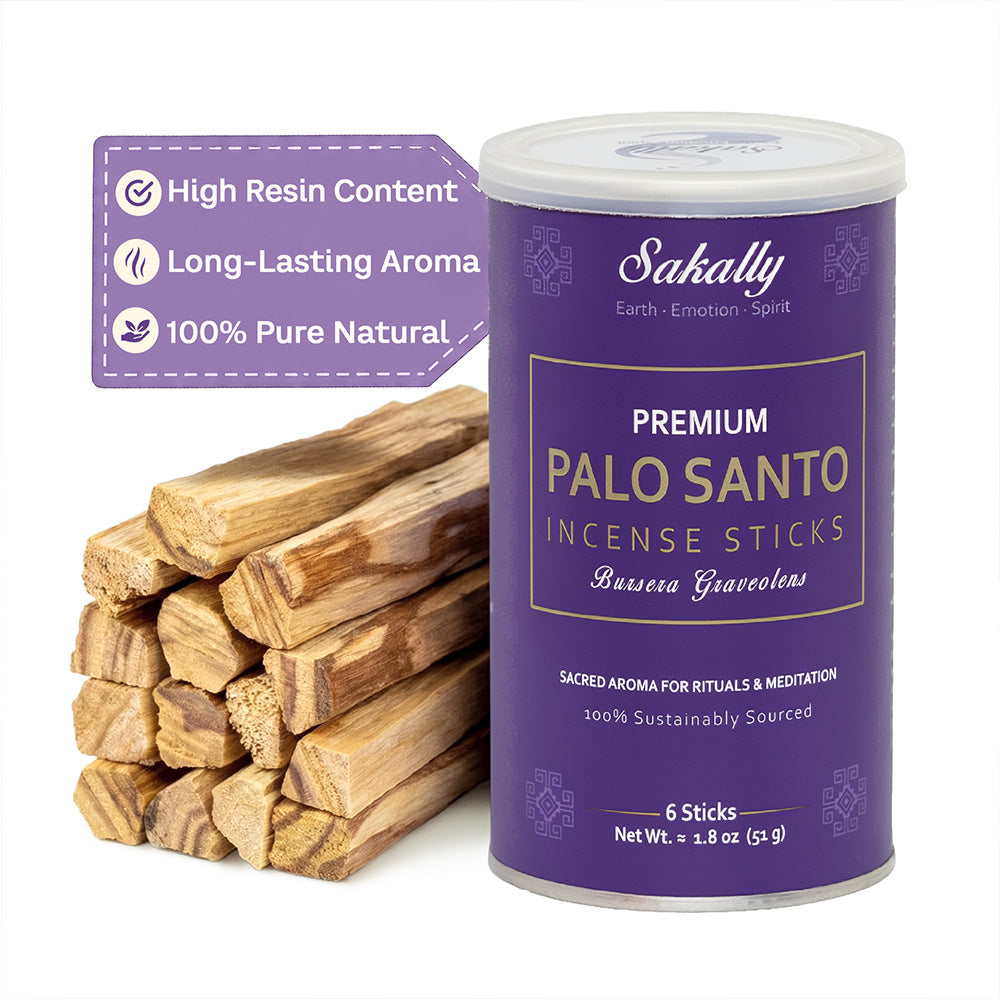 Purple Sakally tube labeled 6 palo santo incense sticks beside stacked wood sticks, with a badge highlighting high resin content, long-lasting aroma, and 100% natural wood