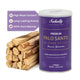 Purple Sakally tube labeled 6 palo santo incense sticks beside stacked wood sticks, with a badge highlighting high resin content, long-lasting aroma, and 100% natural wood