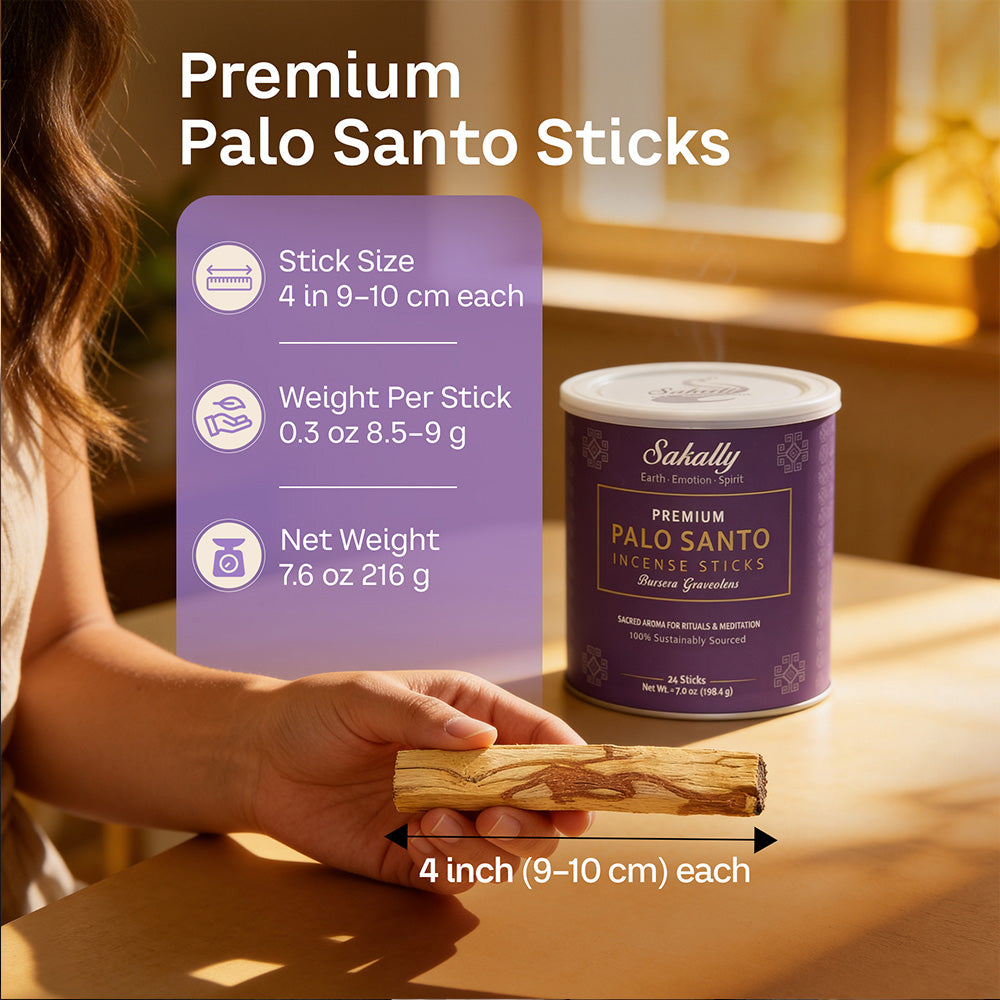 Hand holding a Sakally palo santo stick beside its purple canister, with a size and weight guide showing 9–10 cm and 8.5–9 g per stick
